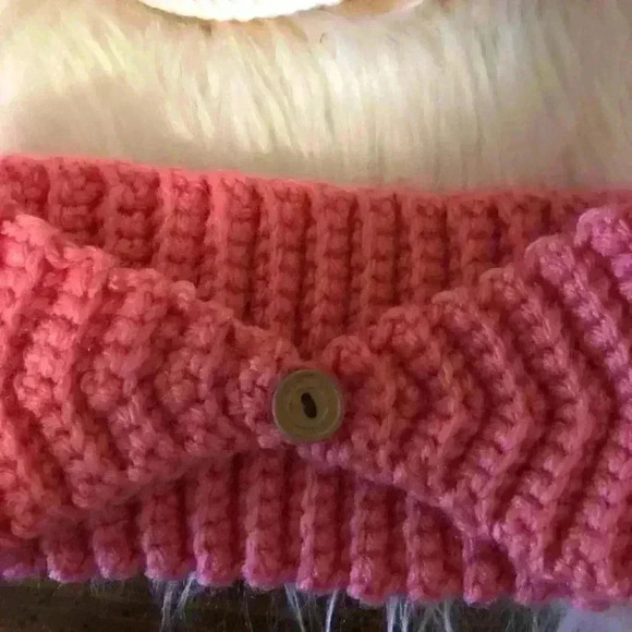 Handmade crocheted pink headwrap with red flower - Picture 3 of 5